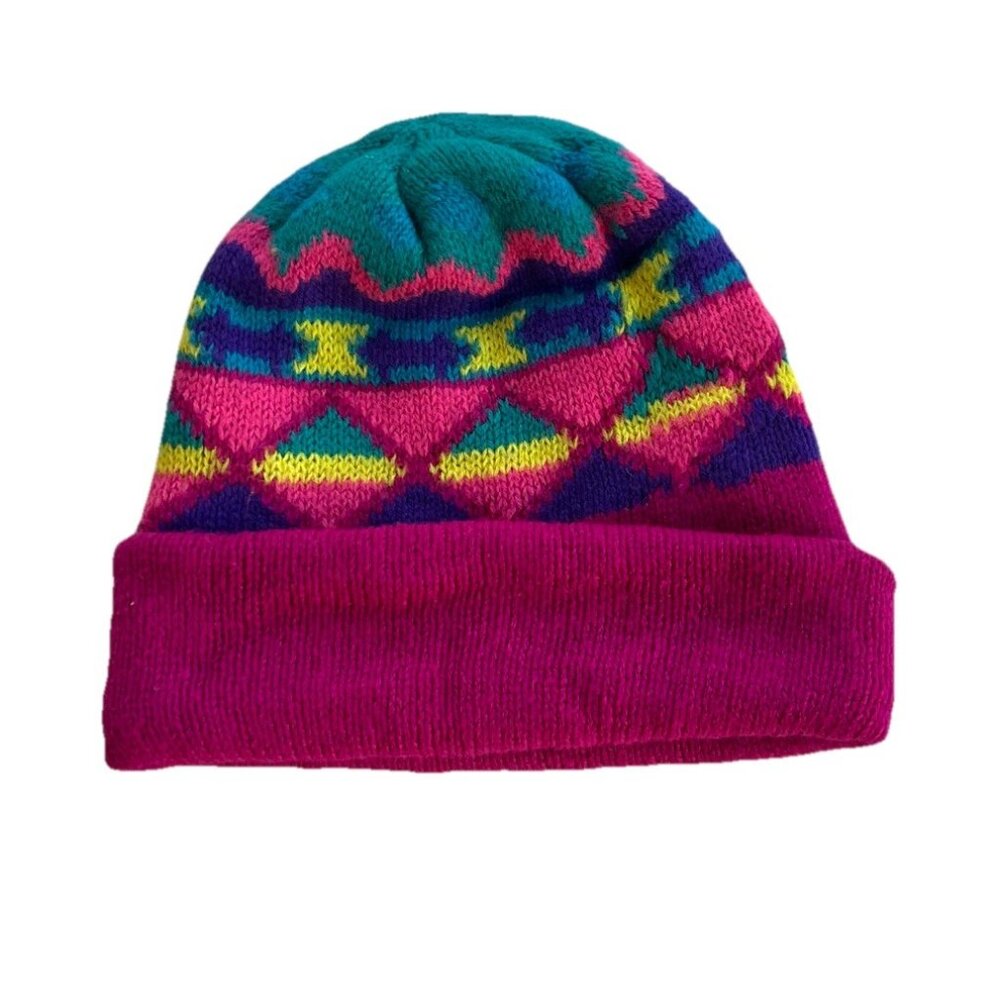 Vintage 90s Fleece Lined Acrylic Navajo Aztec Teal Purple Geometric Beanie Girls